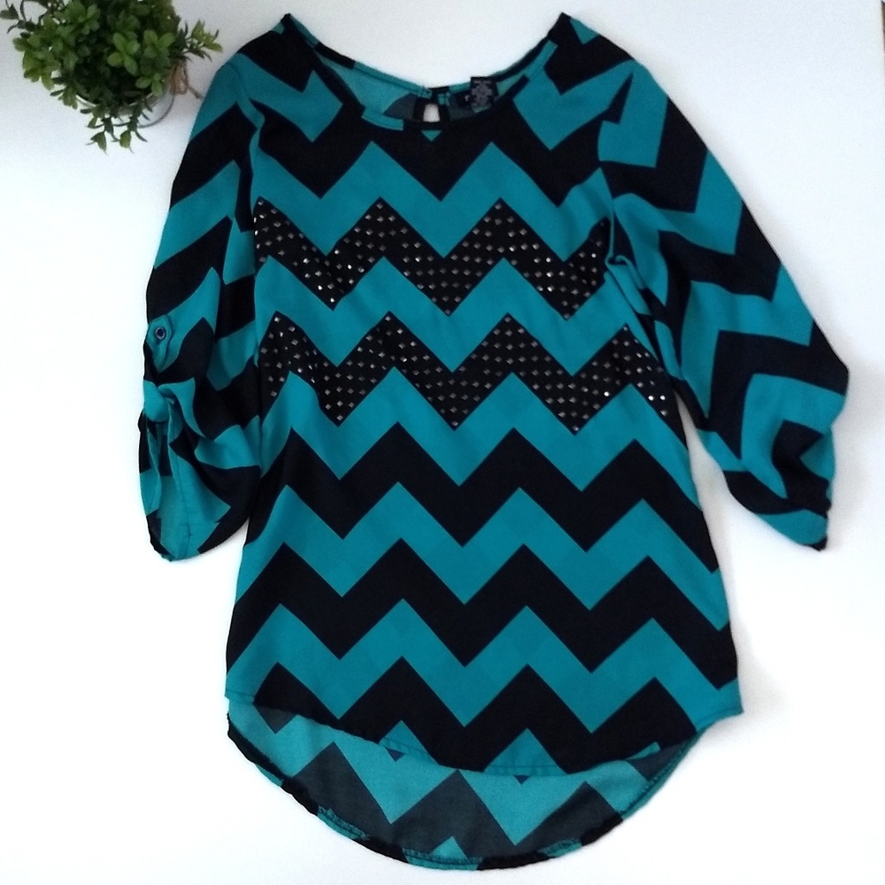 Rue21 Teal and Black Chevron Print Blouse, XSmall